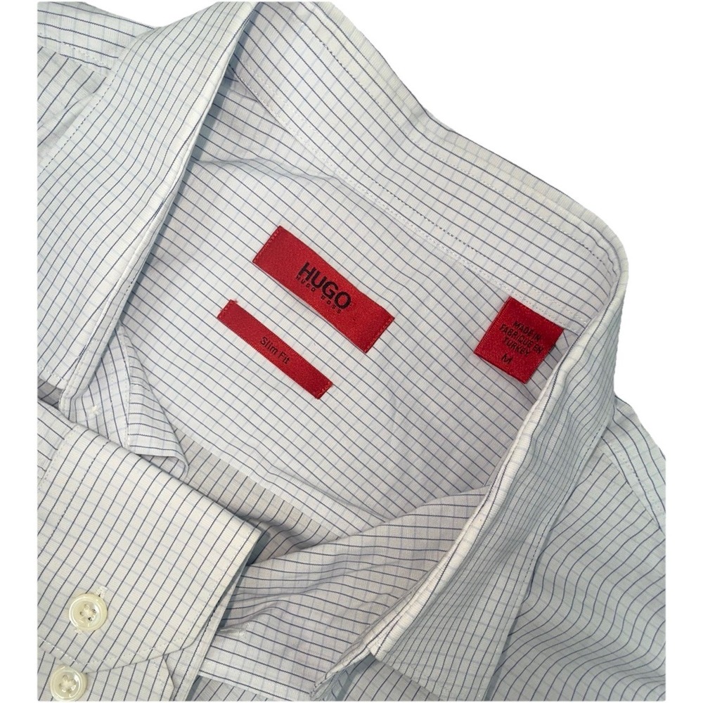 Hugo Boss Slim Fit Dress Shirt Men's Medium Blue White Check Cotton Long Sleeve